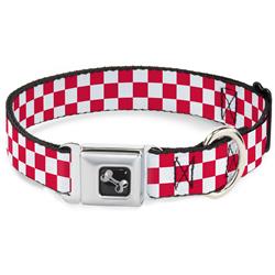 Dog Bone Black/Silver Seatbelt Buckle Collar - Checker Crimson/White