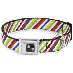 Dog Bone Black/Silver Seatbelt Buckle Collar - Diagonal Stripes White/Multi Neon