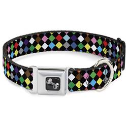 Dog Bone Black/Silver Seatbelt Buckle Collar - Diamonds Black/Multi Color