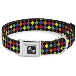 Dog Bone Black/Silver Seatbelt Buckle Collar - Diamonds Black/Multi Neon