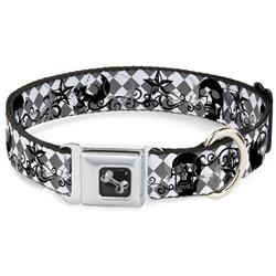 Dog Bone Black/Silver Seatbelt Buckle Collar - Diamonds White/Gray w/Skulls