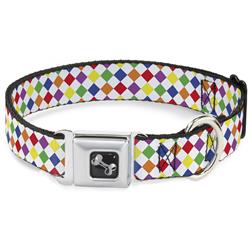 Dog Bone Black/Silver Seatbelt Buckle Collar - Diamonds White/Multi Neon
