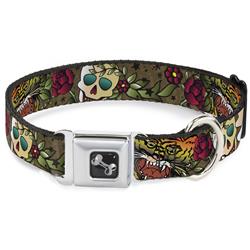 Dog Bone Black/Silver Seatbelt Buckle Collar - Death Before Dishonor Olive