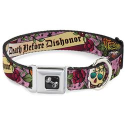 Dog Bone Black/Silver Seatbelt Buckle Collar - Death Before Dishonor Pink