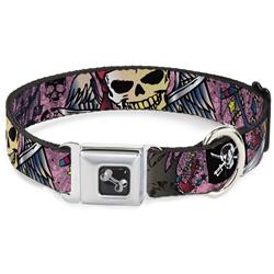 Dog Bone Black/Silver Seatbelt Buckle Collar - Dead Men Tell No Tales Pink