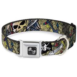 Dog Bone Black/Silver Seatbelt Buckle Collar - Dead Men Tell No Tales Tan
