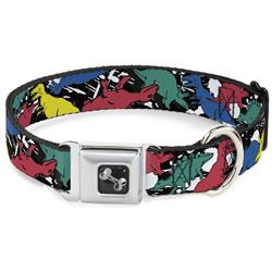 Dog Bone Black/Silver Seatbelt Buckle Collar - Dinosaurs/Paint Splatter Black/White/Multi Color