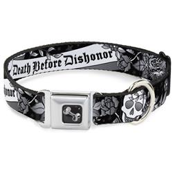 Dog Bone Black/Silver Seatbelt Buckle Collar - Death Before Dishonor Black/White