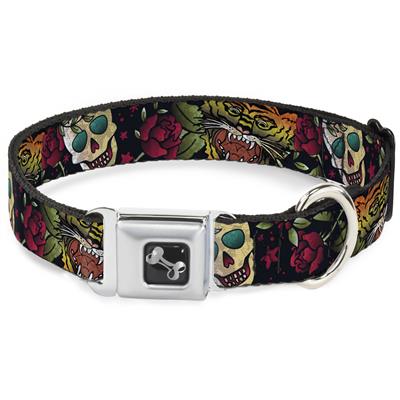 Dog Bone Black/Silver Seatbelt Buckle Collar - Death Before Dishonor CLOSE-UP Black