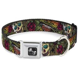 Dog Bone Black/Silver Seatbelt Buckle Collar - Death Before Dishonor CLOSE-UP Olive