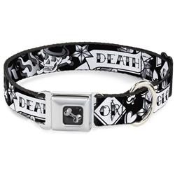 Dog Bone Black/Silver Seatbelt Buckle Collar - Death or Glory Black/White