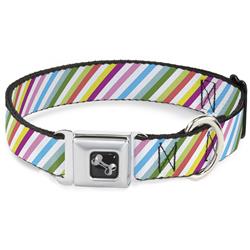 Dog Bone Black/Silver Seatbelt Buckle Collar - Diagonal Stripes White/Multi Color