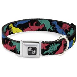 Dog Bone Black/Silver Seatbelt Buckle Collar - Dinosaurs Black/Multi Color