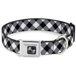 Dog Bone Black/Silver Seatbelt Buckle Collar - Diagonal Buffalo Plaid Black/White