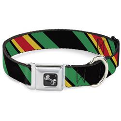 Dog Bone Black/Silver Seatbelt Buckle Collar - Diagonal Stripes Black/Green/Yellow/Red