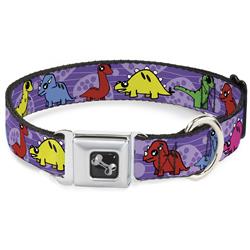 Dog Bone Black/Silver Seatbelt Buckle Collar - Dinosaur Cartoon