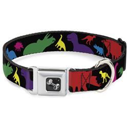 Dog Bone Black/Silver Seatbelt Buckle Collar - Dinosaur Silhouette Black/Multi Color