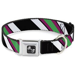 Dog Bone Black/Silver Seatbelt Buckle Collar - Diagonal Stripes Black/White/Pink/Green