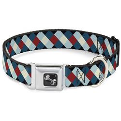 Dog Bone Black/Silver Seatbelt Buckle Collar - Diamond Plaid Blues/Khaki/Red