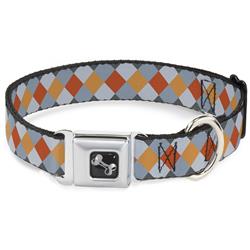 Dog Bone Black/Silver Seatbelt Buckle Collar - Diamond Plaid Grays/Orange