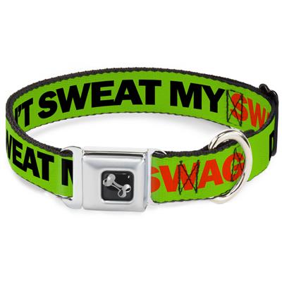 Dog Bone Black/Silver Seatbelt Buckle Collar - DON'T SWEAT MY SWAG Neon Green/Black/Red