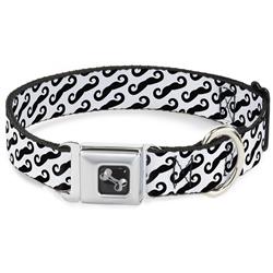 Dog Bone Black/Silver Seatbelt Buckle Collar - Diagonal Handlebar Mustaches White/Black