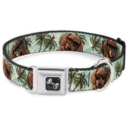 Dog Bone Black/Silver Seatbelt Buckle Collar - Dachshund in Shades w/Palm Trees