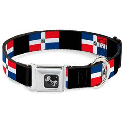 Dog Bone Black/Silver Seatbelt Buckle Collar - Dominican Republic Flags/Black Blocks