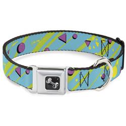 Dog Bone Black/Silver Seatbelt Buckle Collar - Eighties Party Blue/Yellow/Pink