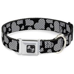 Dog Bone Black/Silver Seatbelt Buckle Collar - Eighties Hearts Black/White