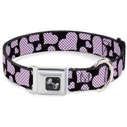 Dog Bone Black/Silver Seatbelt Buckle Collar - Eighties Hearts Black/Fuchsia/White