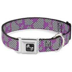 Dog Bone Black/Silver Seatbelt Buckle Collar - Eighties Hearts Fuchsia/Black/White
