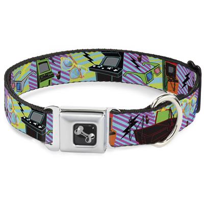 Dog Bone Black/Silver Seatbelt Buckle Collar - Eighties Arcade Multi Neon Stripes