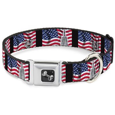 Dog Bone Black/Silver Seatbelt Buckle Collar - Empire State Building NYC