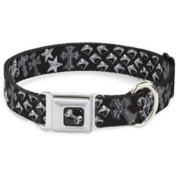 Dog Bone Black/Silver Seatbelt Buckle Collar - Elegant Crosses/Stars/Studs Black/Grays