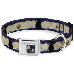 Dog Bone Black/Silver Seatbelt Buckle Collar - El Salvador Flag Distressed Painting