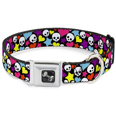 Dog Bone Black/Silver Seatbelt Buckle Collar - Funky Skulls Hearts & Stars Black/Multi Color