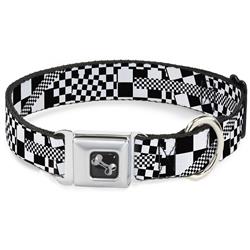 Dog Bone Black/Silver Seatbelt Buckle Collar - Funky Checkers Black/White
