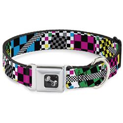 Dog Bone Black/Silver Seatbelt Buckle Collar - Funky Checkers Black/White/Neon