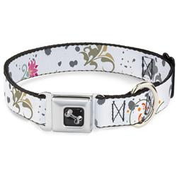 Dog Bone Black/Silver Seatbelt Buckle Collar - Flower Splatter White/Gray