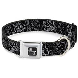 Dog Bone Black/Silver Seatbelt Buckle Collar - Fleur-de-Lis Outline w/Filigree Black/Gray