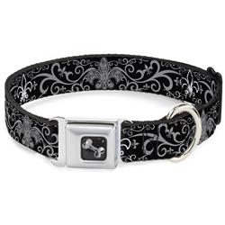 Dog Bone Black/Silver Seatbelt Buckle Collar - Fleur-de-Lis w/Filigree Black/Gray