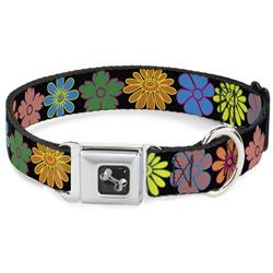 Dog Bone Black/Silver Seatbelt Buckle Collar - Flowers Black/Multi Color