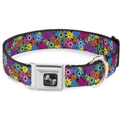 Dog Bone Black/Silver Seatbelt Buckle Collar - Flower Blossom