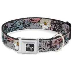 Dog Bone Black/Silver Seatbelt Buckle Collar - Flowers w/Filigree Pink