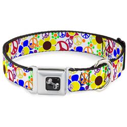 Dog Bone Black/Silver Seatbelt Buckle Collar - Flower Peace Power