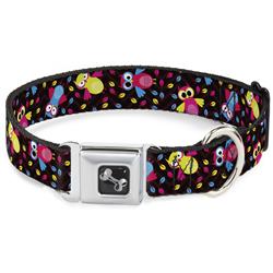 Dog Bone Black/Silver Seatbelt Buckle Collar - Flying Owls w/Leaves Black/Multi Color