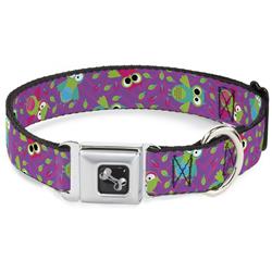 Dog Bone Black/Silver Seatbelt Buckle Collar - Flying Owls w/Leaves Purple/Multi Color