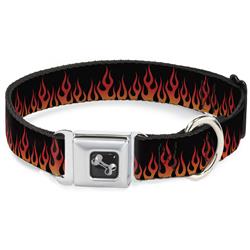 Dog Bone Black/Silver Seatbelt Buckle Collar - Flames Black/Orange/Red