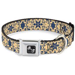 Dog Bone Black/Silver Seatbelt Buckle Collar - Floral Collage Tan/Blue